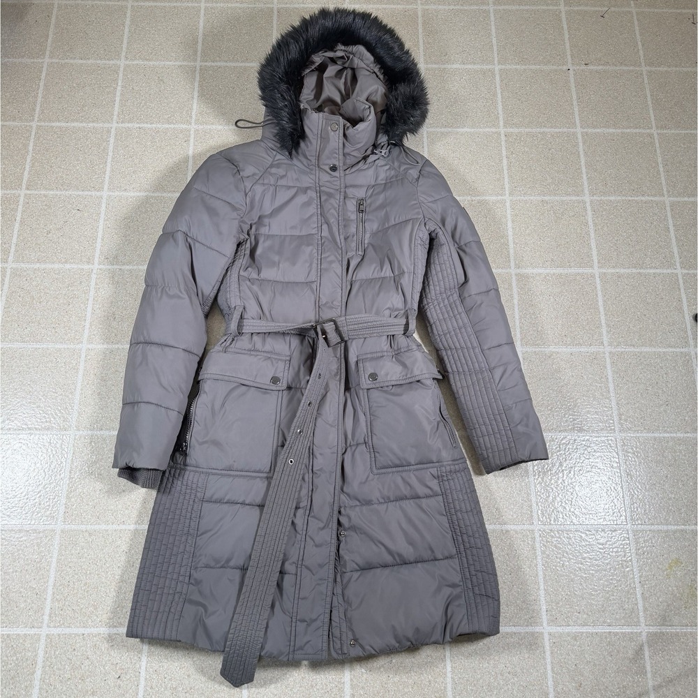 Lauren Ralph Lauren Puffer Jacket Coat Womens XS Grey Belted Faux Fur Hood